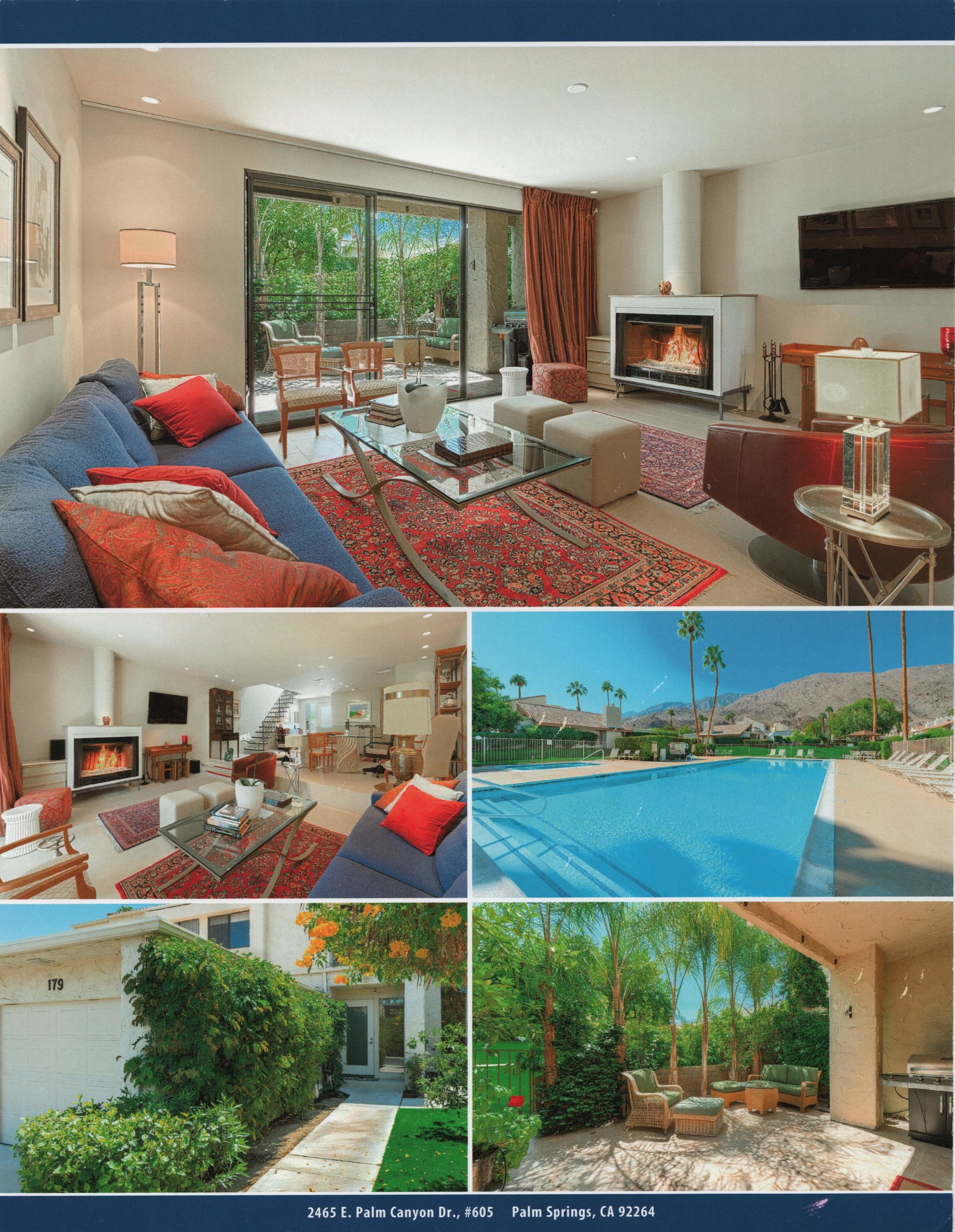 A collage of pictures shows a living room, pool and patio.